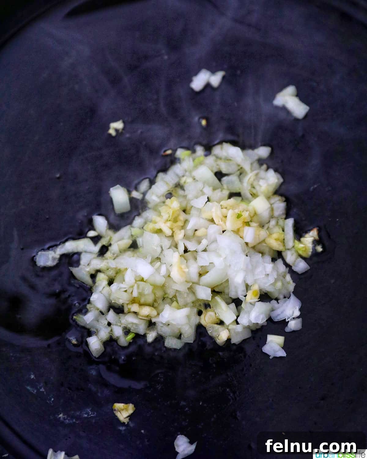 Cooking onions and garlic in a skillet