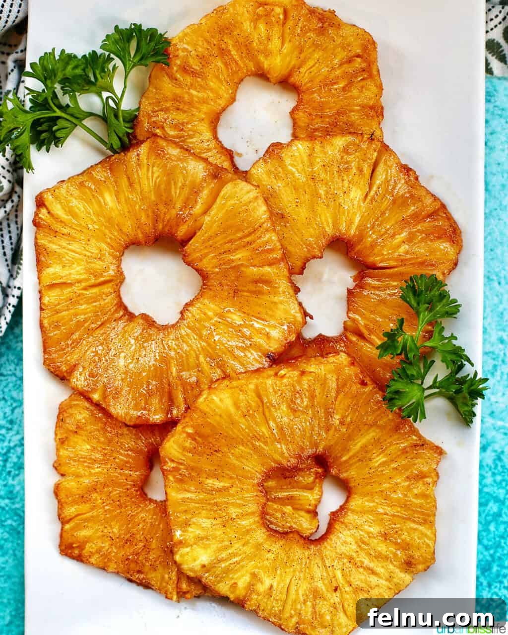 Golden Air Fryer Pineapple 2 Caramelized air fryer pineapple slices served on a white plate