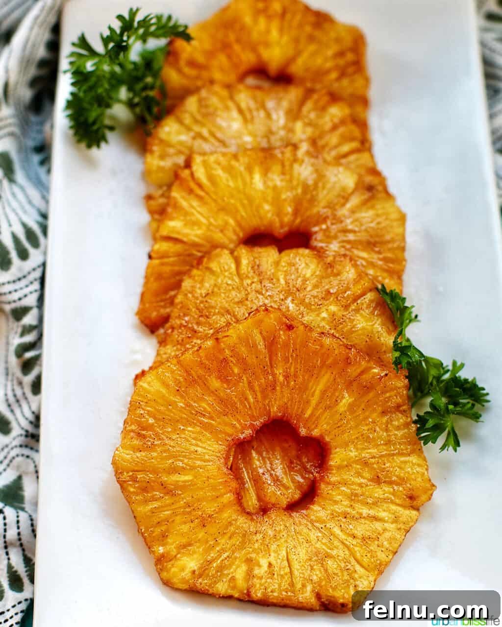 Golden Air Fryer Pineapple 9 Delicious air fryer pineapple slices on a plate with a fork