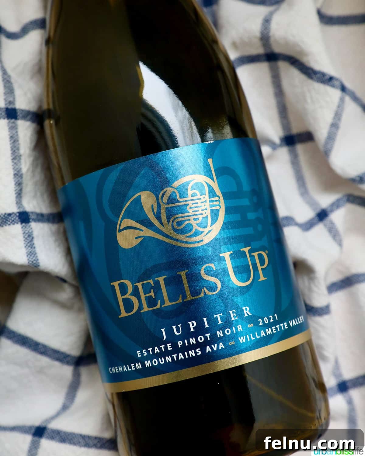 Bells Up Cellars 5 Bottle of Bells Up Winery Jupiter Pinot Noir on a checkered napkin