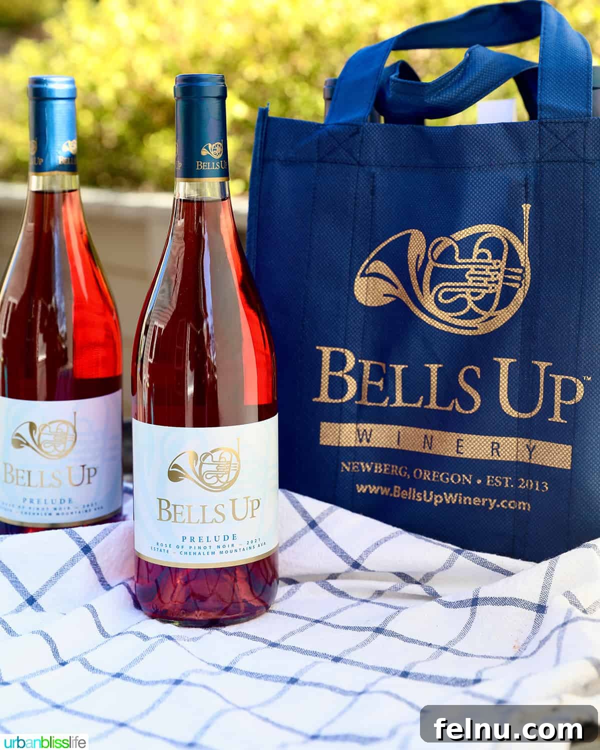 Bells Up Cellars 7 Two bottles of Bells Up Winery Rose of Pinot noir with a blue wine bag