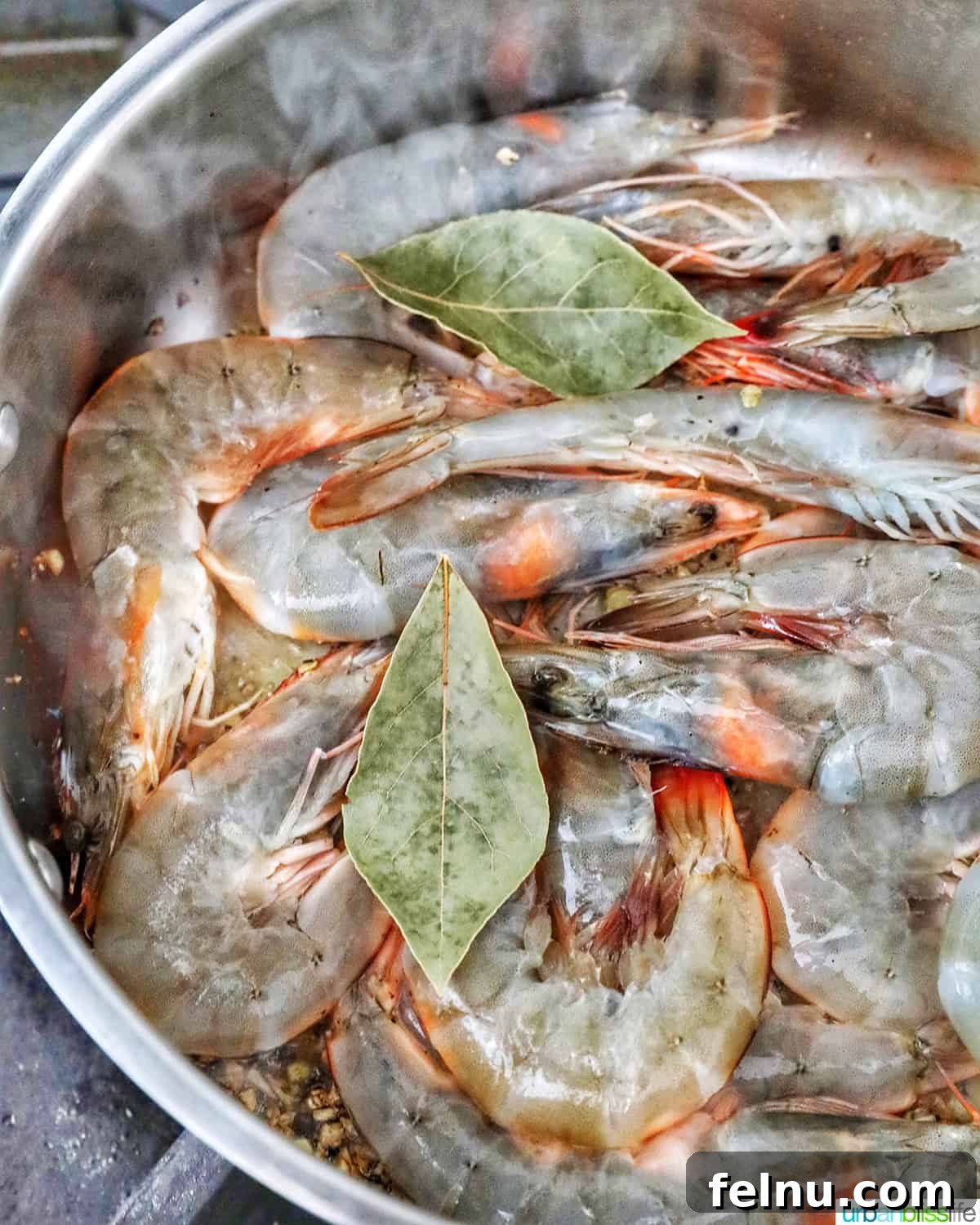Shrimp Adobo with Coconut Cream 8 Raw Shrimp with Bay Leaves in Pan: Infusing the Dish