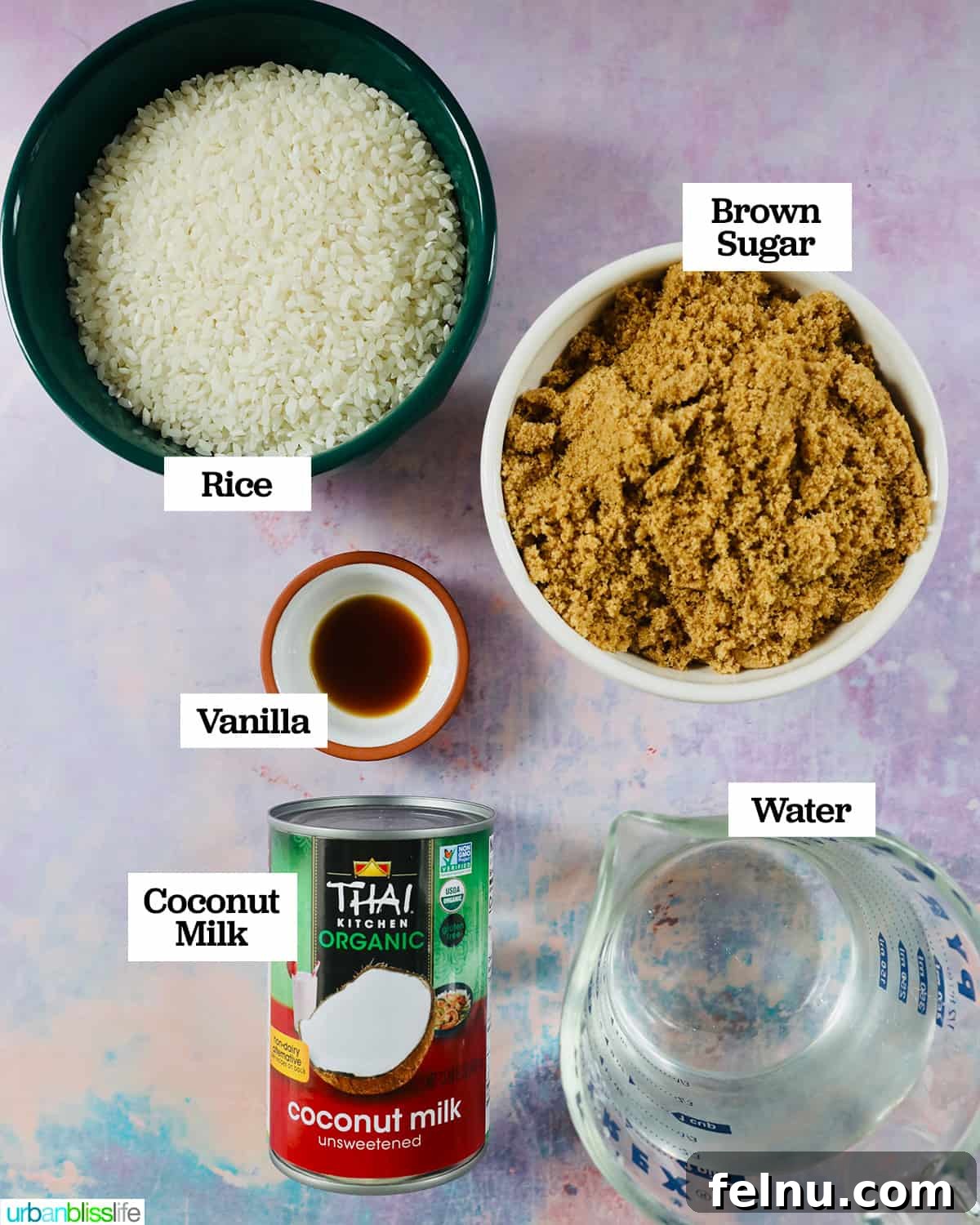 All the essential ingredients for making Filipino Biko sticky rice beautifully arranged on a pastel-colored table.