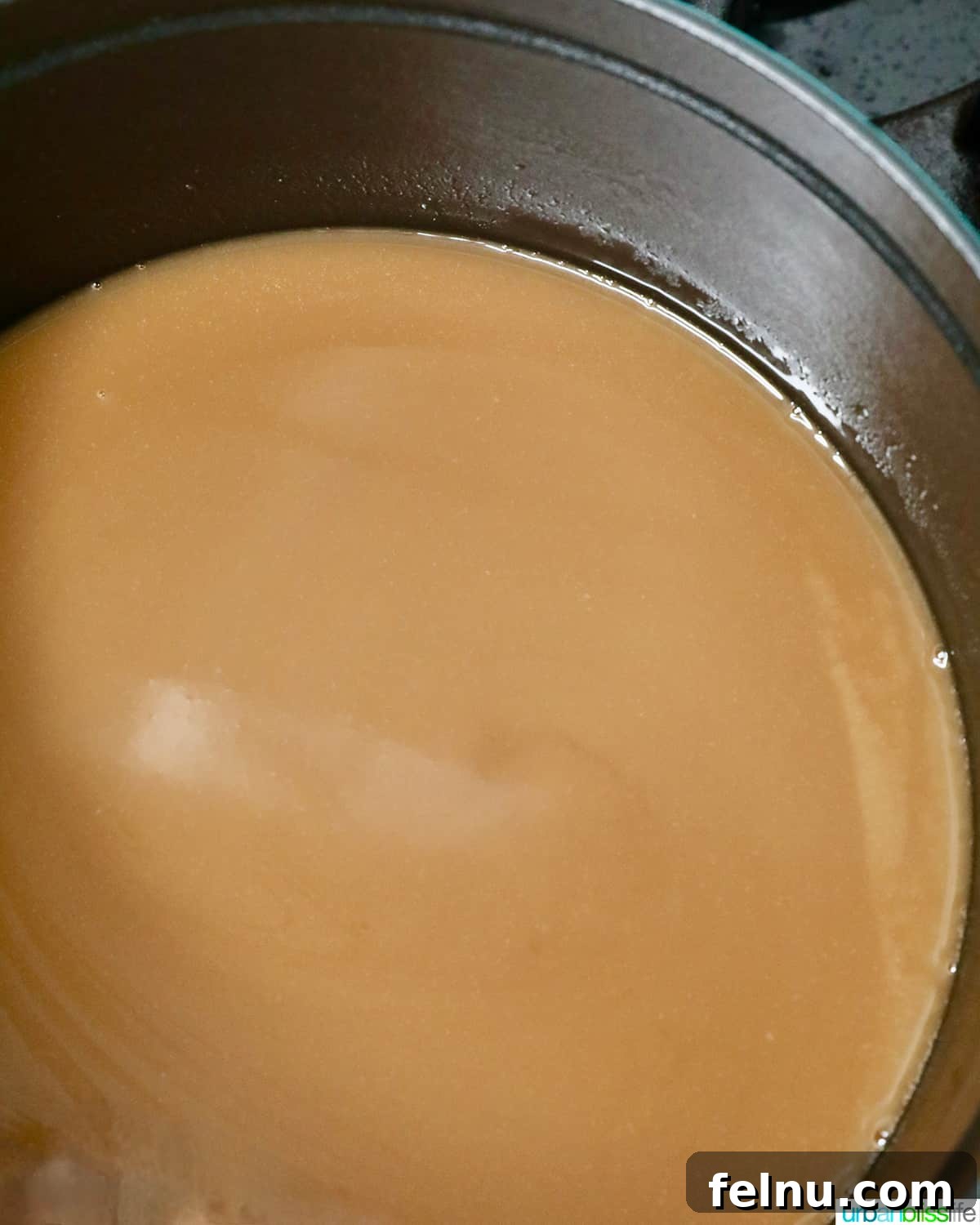 The finished coconut milk and brown sugar mixture, thickened and ready for the rice.