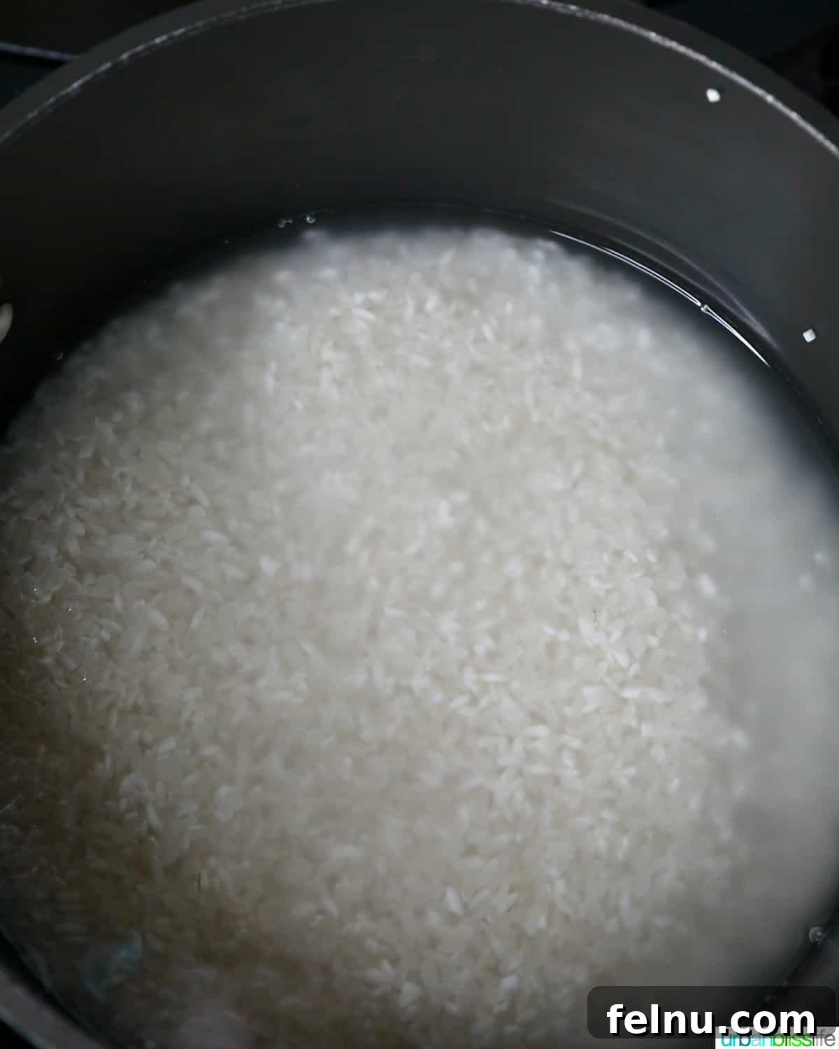The glutinous rice, cooked to perfection and ready to be added to the coconut milk mixture.