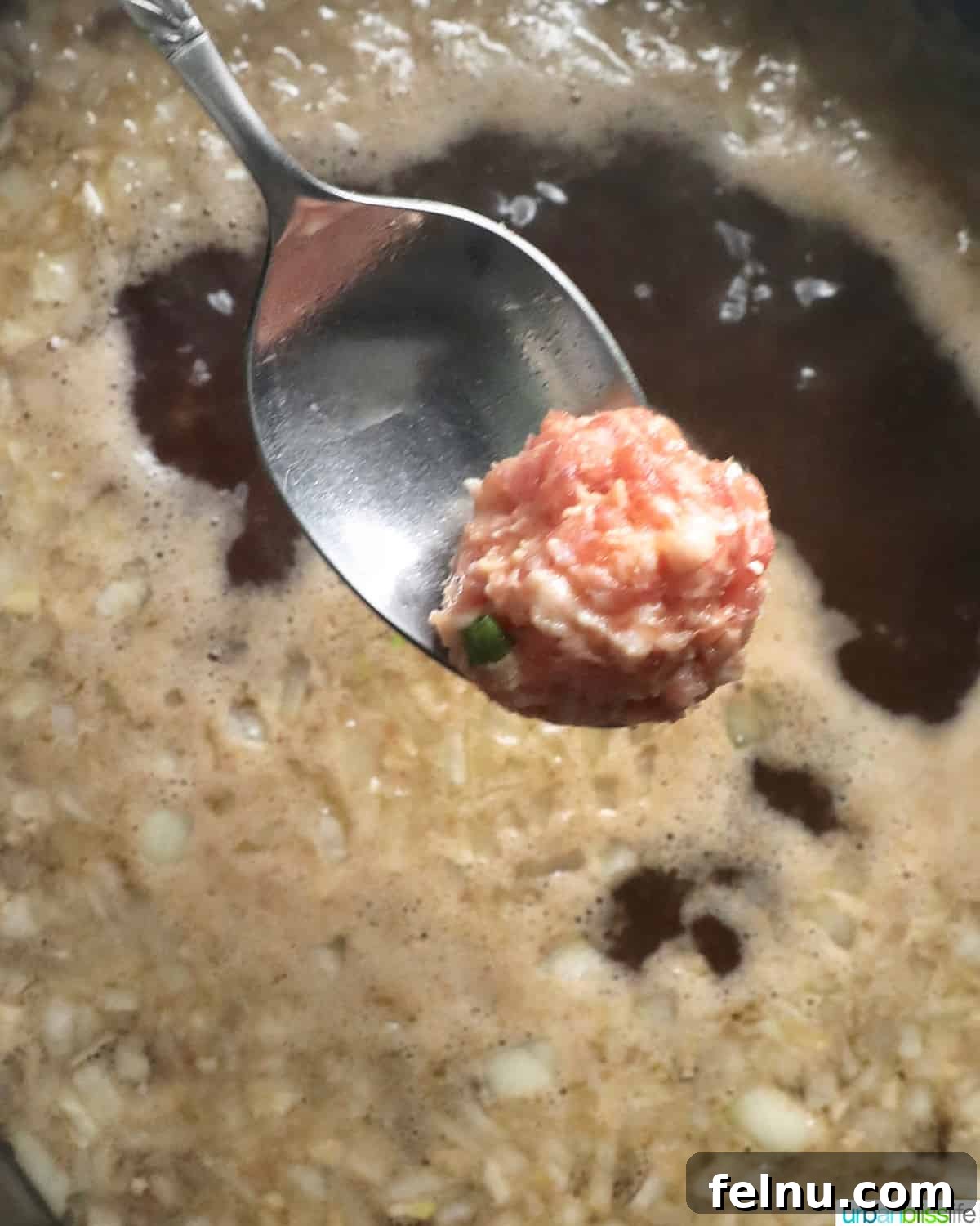 Adding meatballs to soup for Almondigas