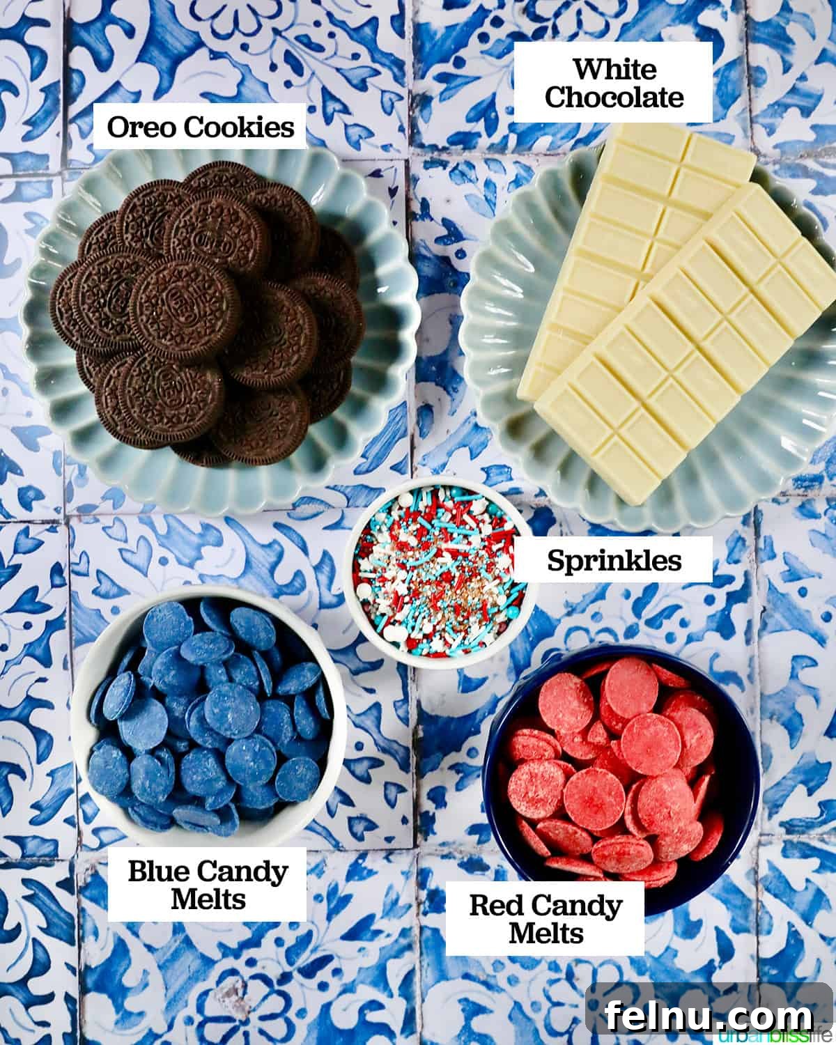 Fourth of July-Themed Oreo Delights 4 Bowls of cookie and chocolate ingredients to make 4th of July chocolate covered Oreos.