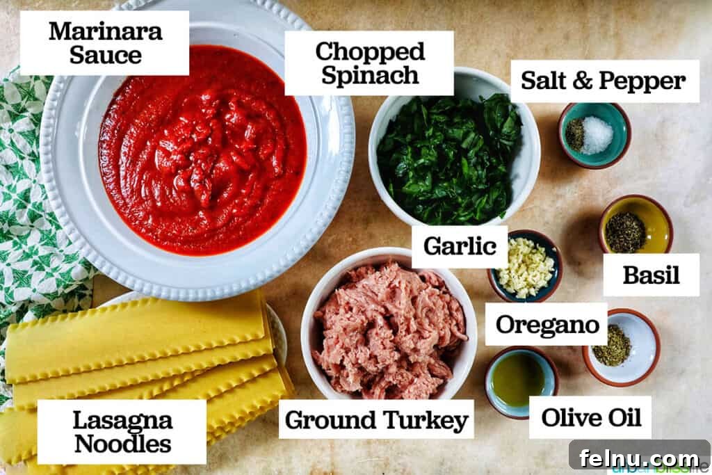 Creamy Vegan Lasagna 4 bowls of ingredients needed to make dairy free lasagna with ingredient labels on a yellow table.
