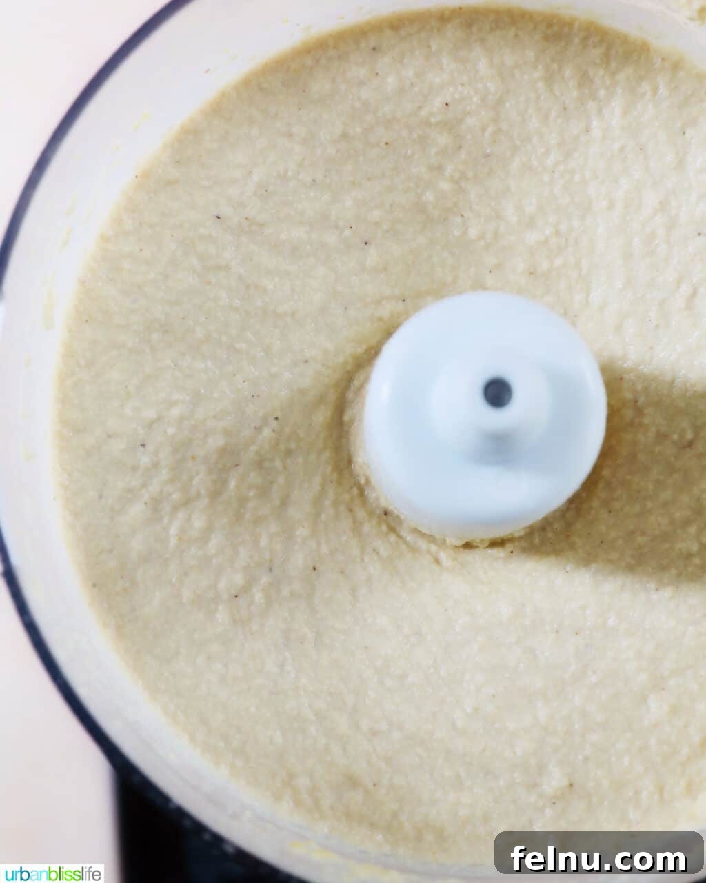 Creamy Vegan Cashew Cheese 8 A close-up view of perfectly blended Vegan Cashew Cheese within a food processor, highlighting its smooth and inviting texture.