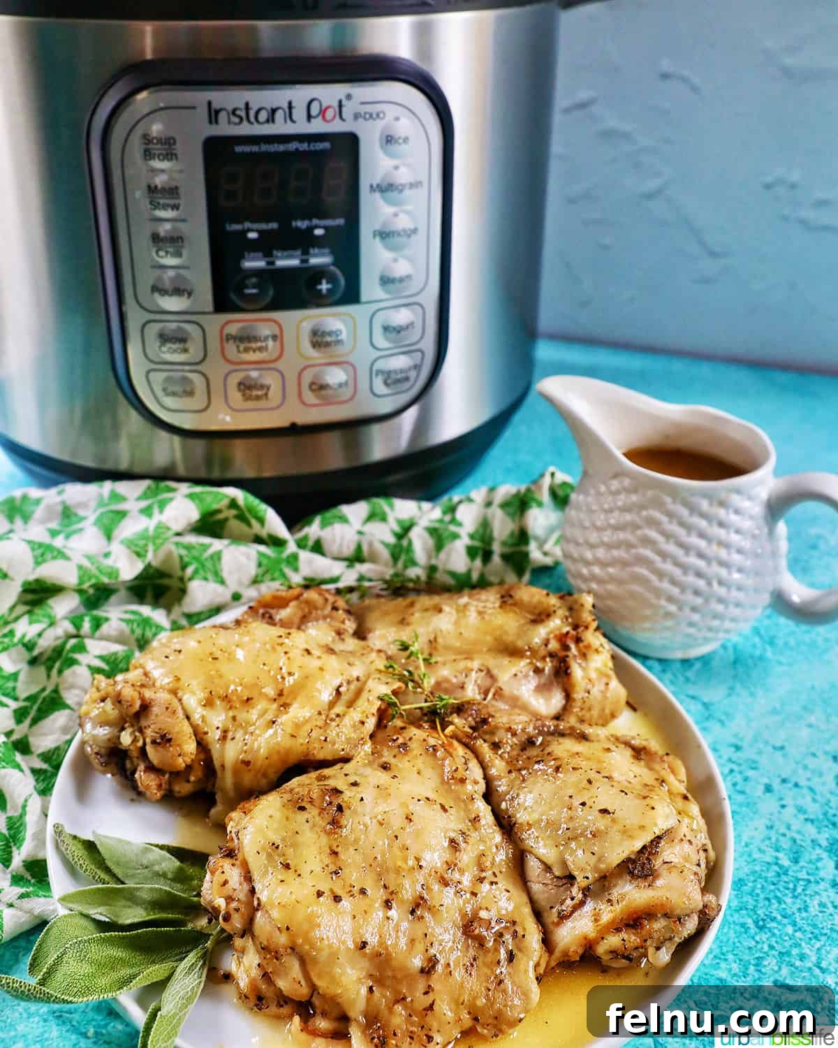 Instant Pot Chicken Thigh Recipe: Quick, Easy, and Delicious 17 Instant Pot, Chicken Thighs, and Gravy on a blue background
