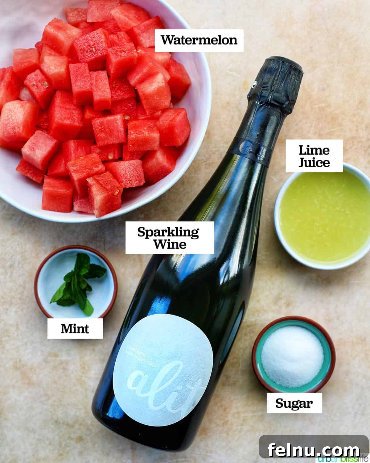 Watermelon Sunset Fizz 4 A collection of Watermelon Mimosa ingredients on a wooden surface, including a bottle of Champagne, bowls of neatly cubed watermelon, fresh lime juice, granulated sugar, and a sprig of mint.