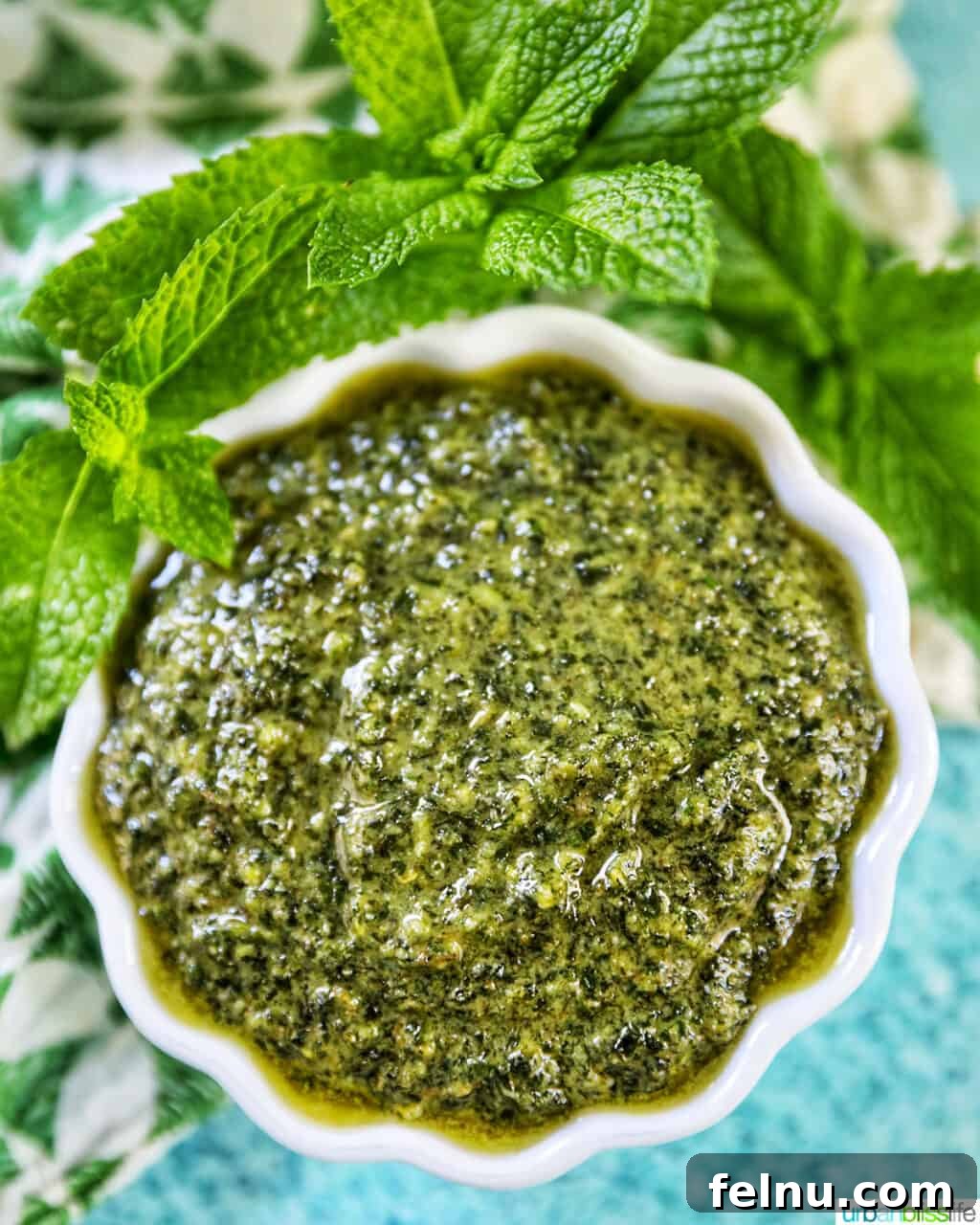 Zingy Mint Pesto 2 White scalloped bowl filled with vibrant green mint pesto, garnished with fresh mint leaves, set against a bright blue background.