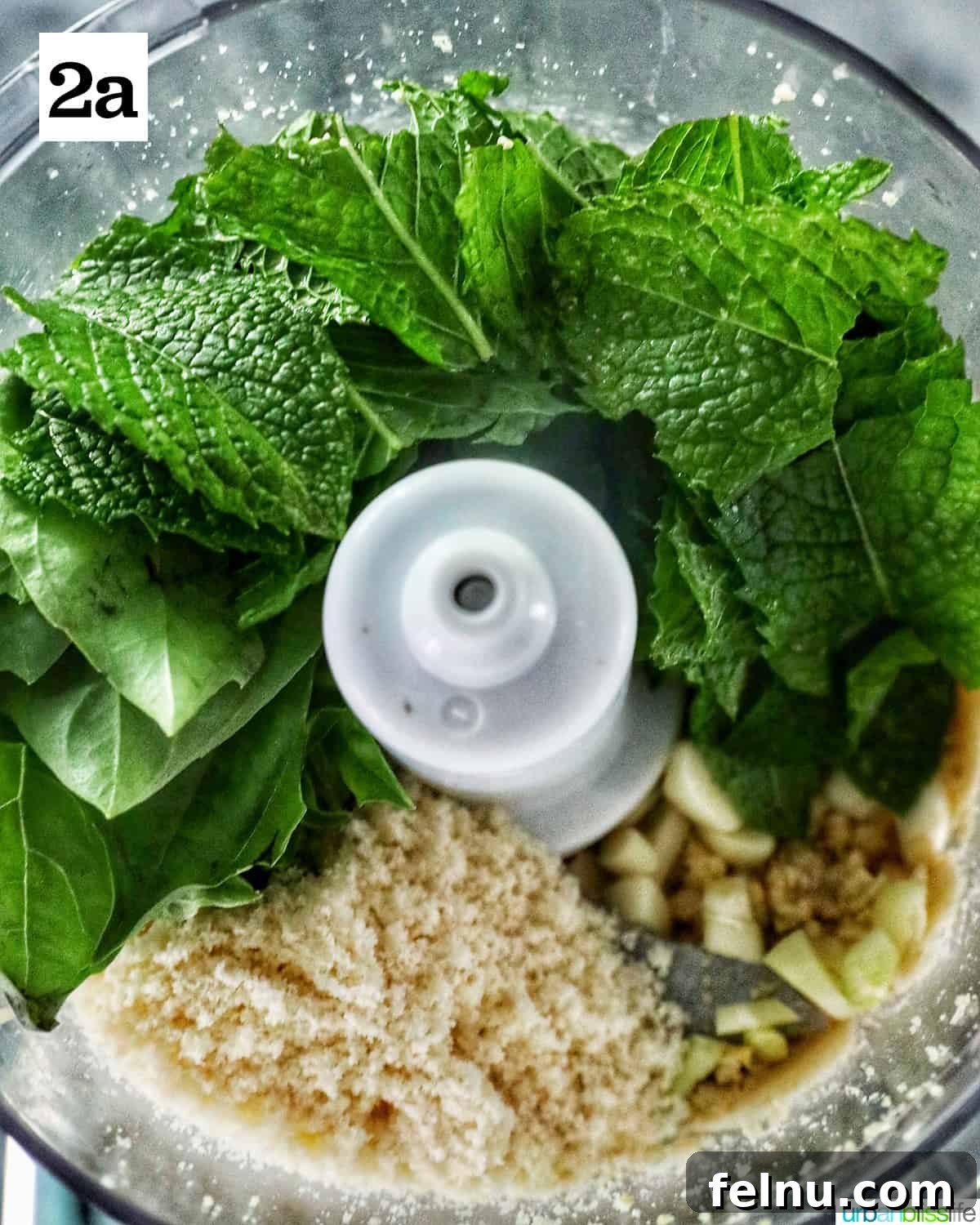 Zingy Mint Pesto 7 A mix of fresh mint leaves, basil leaves, garlic cloves, Parmesan cheese, and processed pine nuts gathered in a food processor bowl, ready for the next blending step.