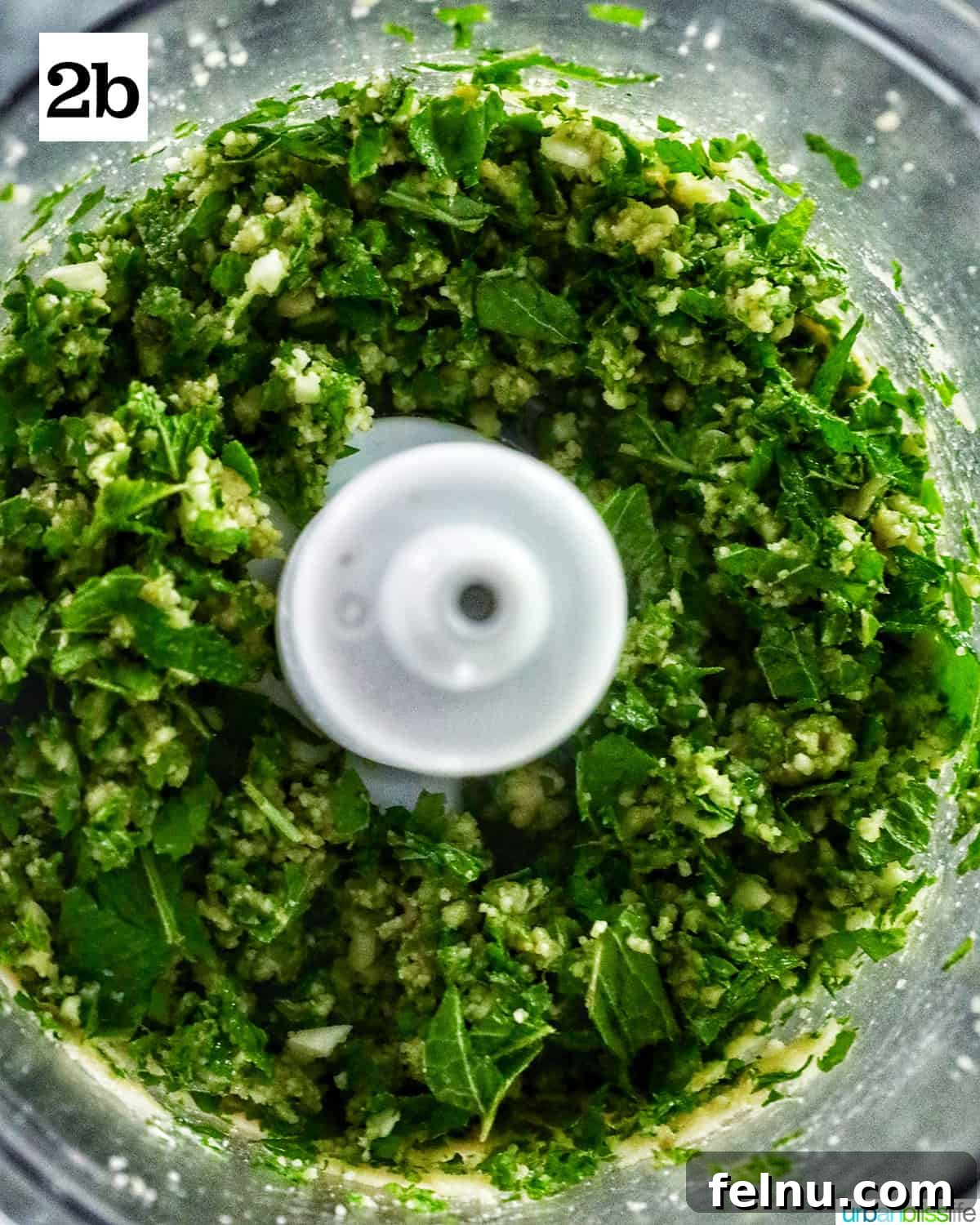 Zingy Mint Pesto 8 Partially processed mint pesto ingredients swirling in a food processor, showing mint, basil, garlic, Parmesan, and pine nuts beginning to combine.