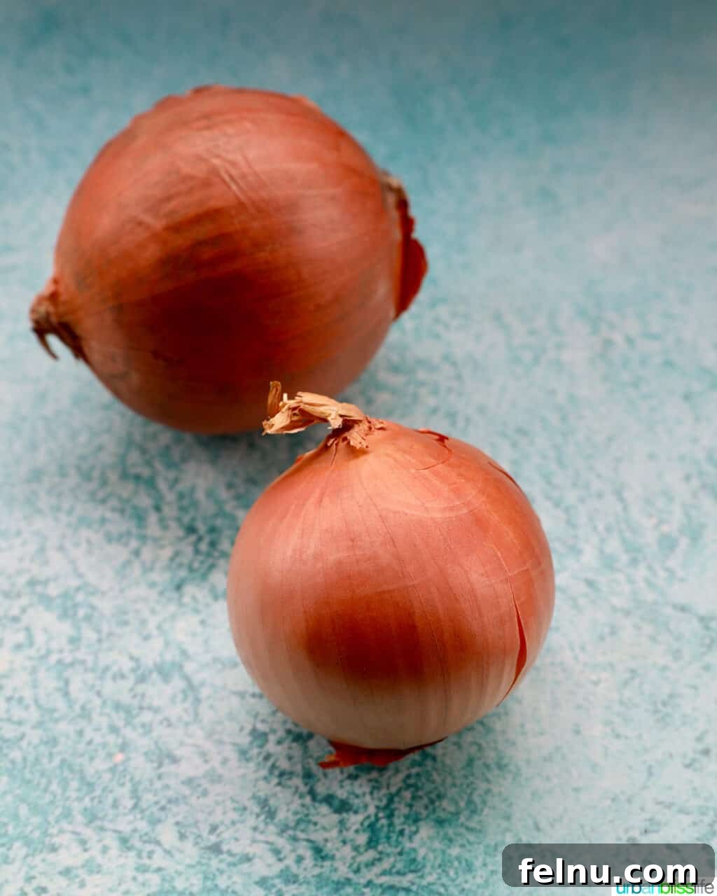Building Your Essential Filipino Pantry 13 two yellow onions on a blue table with white tile background.