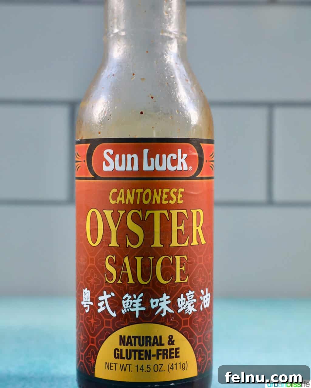 Building Your Essential Filipino Pantry 14 bottle of oyster sauce on a blue table with white tile background.