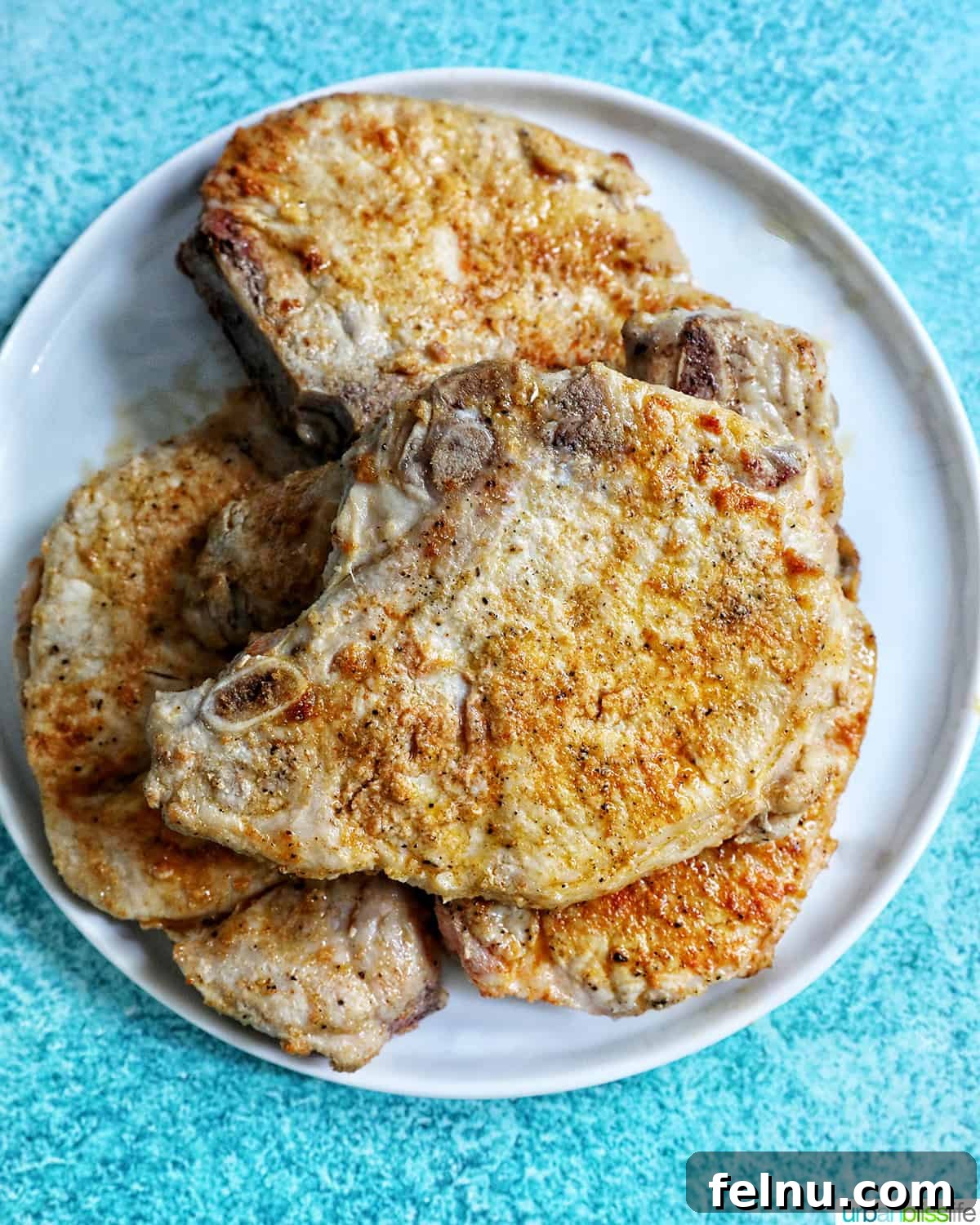 Instant Pot Pork Chop Rice Bowl 13 Pork chops on a plate, set against a bright blue background.