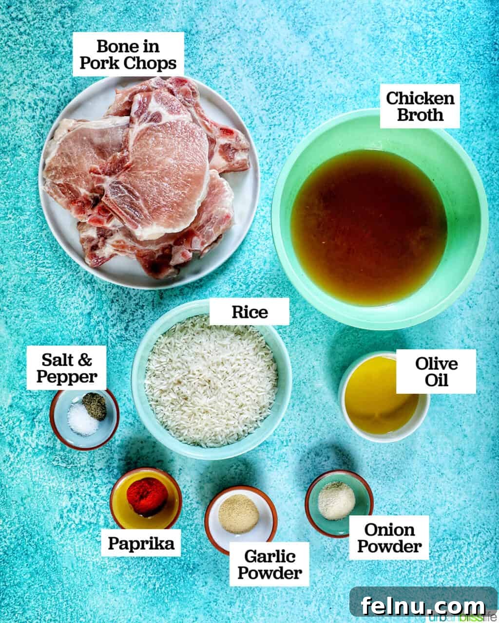 Instant Pot Pork Chop Rice Bowl 4 Bowls displaying individual ingredients to prepare Instant Pot pork chops and rice, set against a vibrant blue background.
