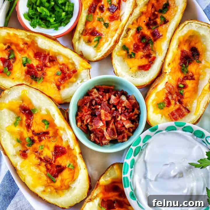 several air fryer potato skins with sides of green onions, bacon, and sour cream.