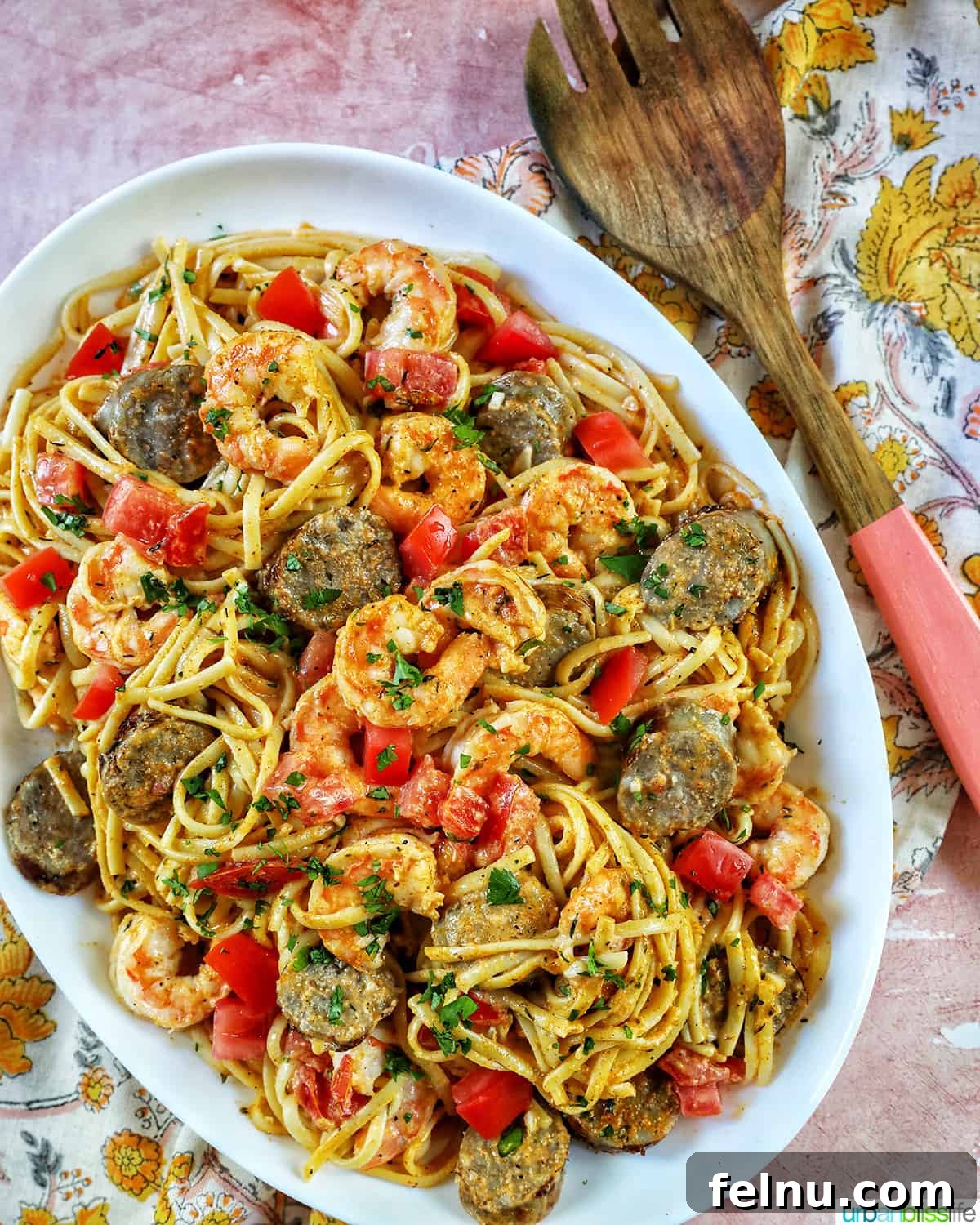 Savory Seafood & Sausage Skillet 16 Serving Platter of Shrimp and Sausage Pasta