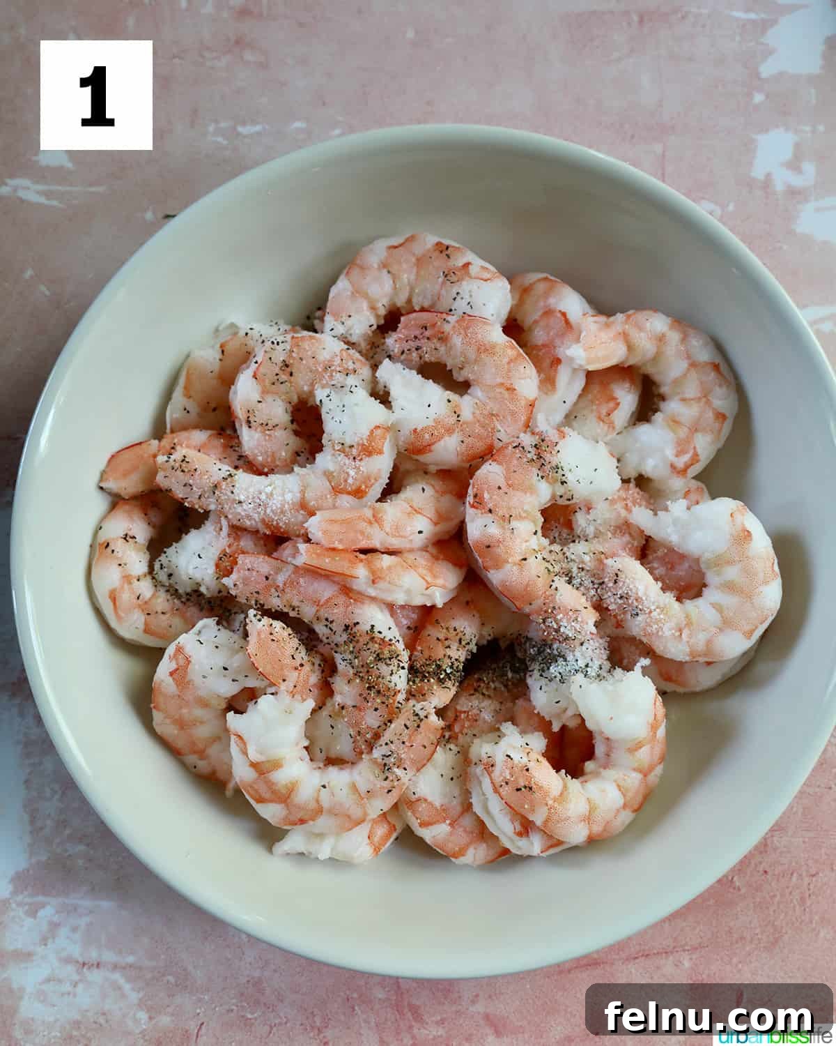 Savory Seafood & Sausage Skillet 5 Raw Shrimp in Bowl