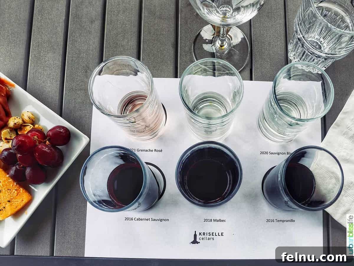 Kriselle Cellars Oregon Wine Country Gem 11 A beautifully arranged flight of wine tasting glasses on a printed tasting sheet, accompanied by gourmet snacks and water, set for a delightful wine exploration at Kriselle Cellars.