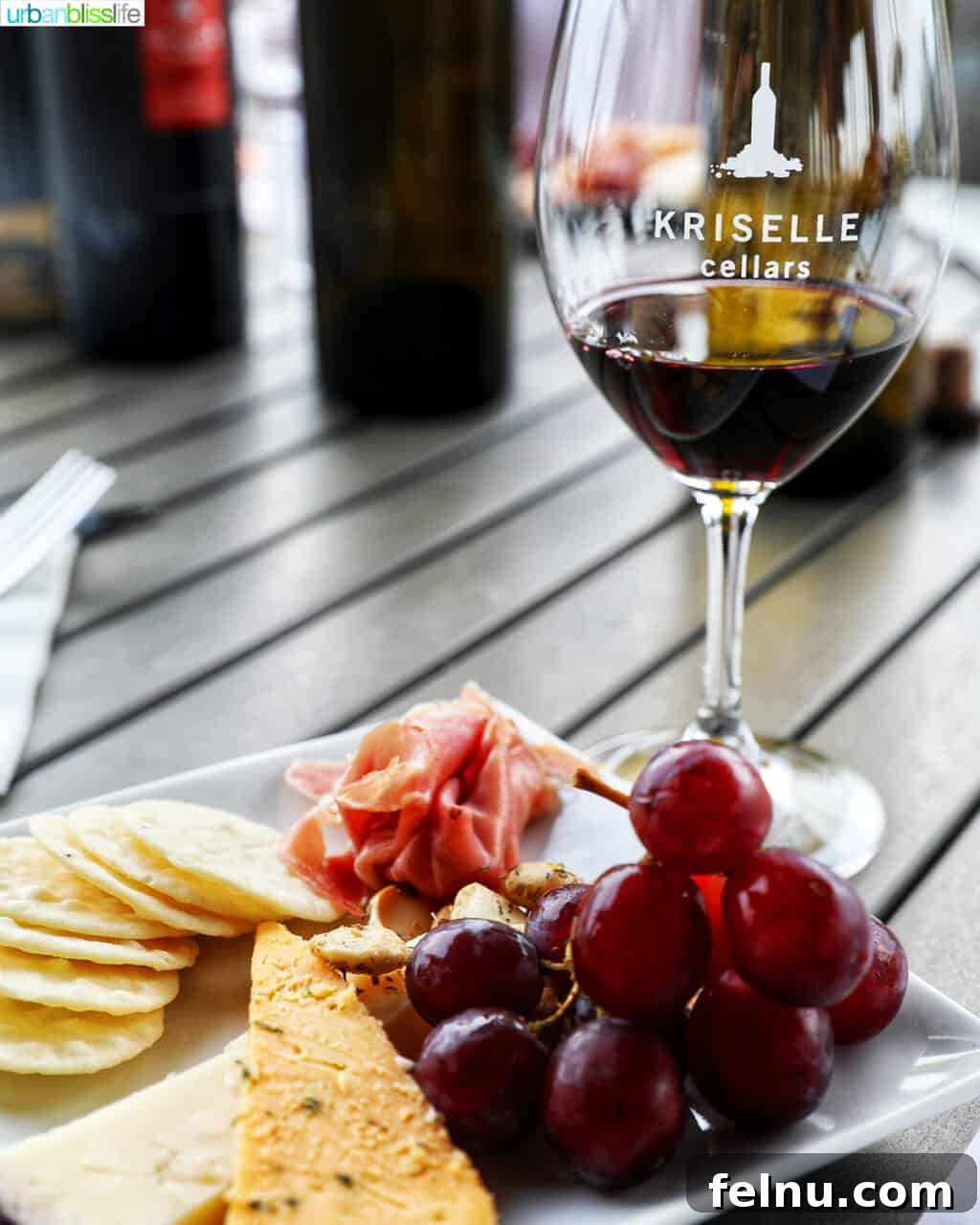 Kriselle Cellars Oregon Wine Country Gem 12 A vibrant cheese and fruit plate with a rich glass of red wine, inviting visitors to experience the hospitality and flavors of Kriselle Cellars in Southern Oregon.
