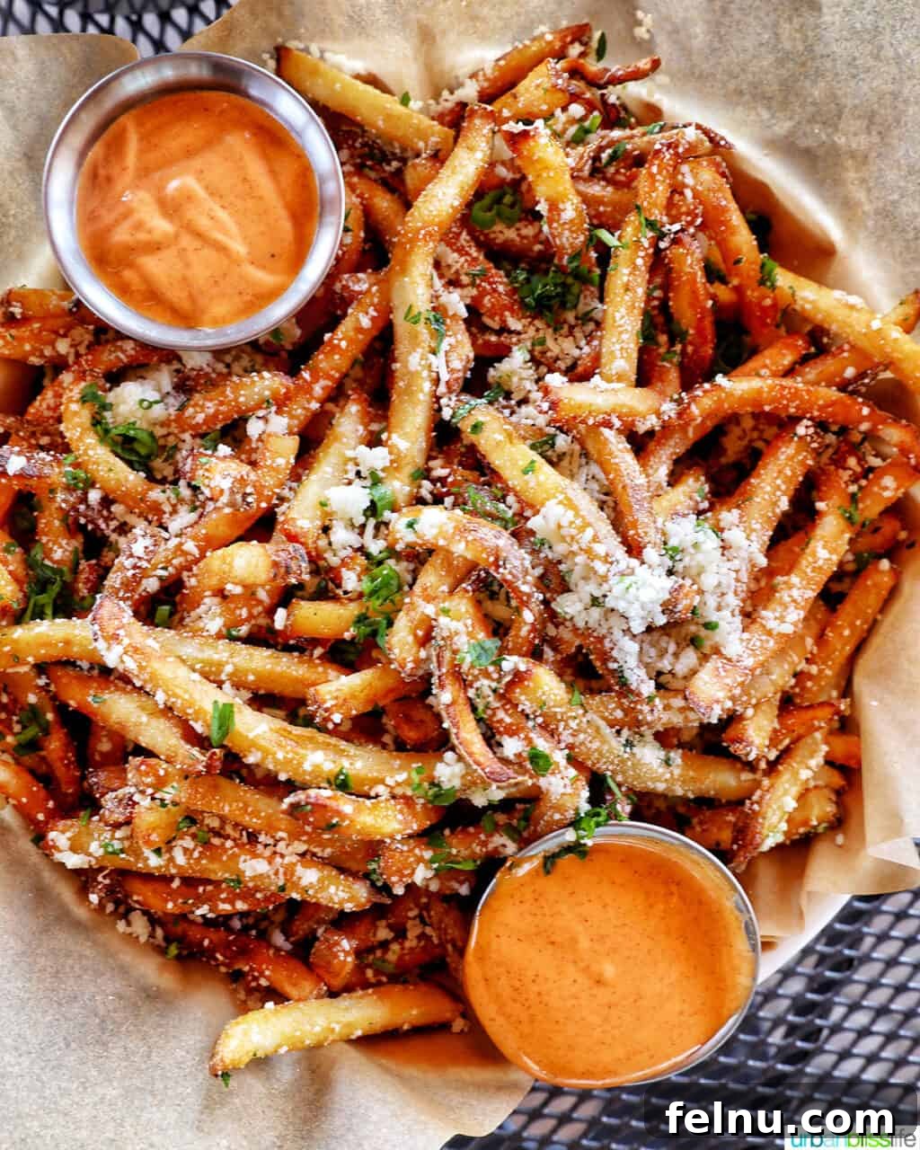 Belle Fiore Vineyard 11 Huge bowl of truffle garlic fries with dip.
