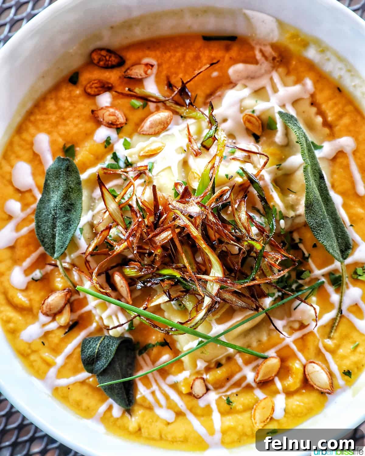 Belle Fiore Vineyard 9 White bowl of ravioli pumpkin soup.