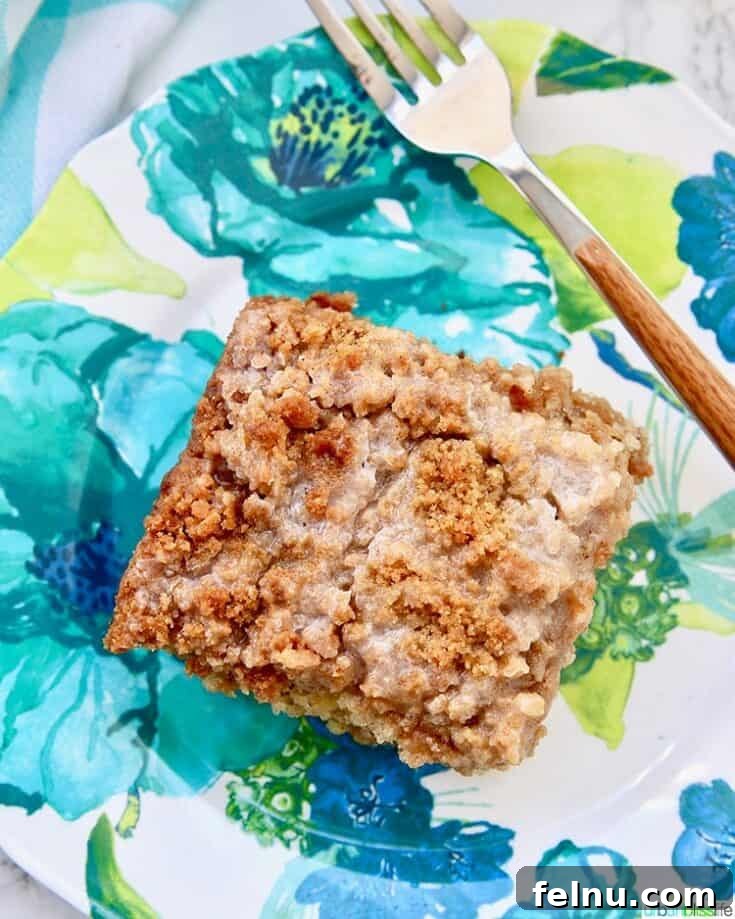 A delicious slice of banana crumb coffee cake.