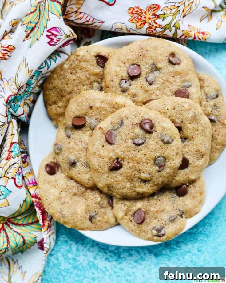 A plate of soft and chewy banana bread chocolate chip cookies.