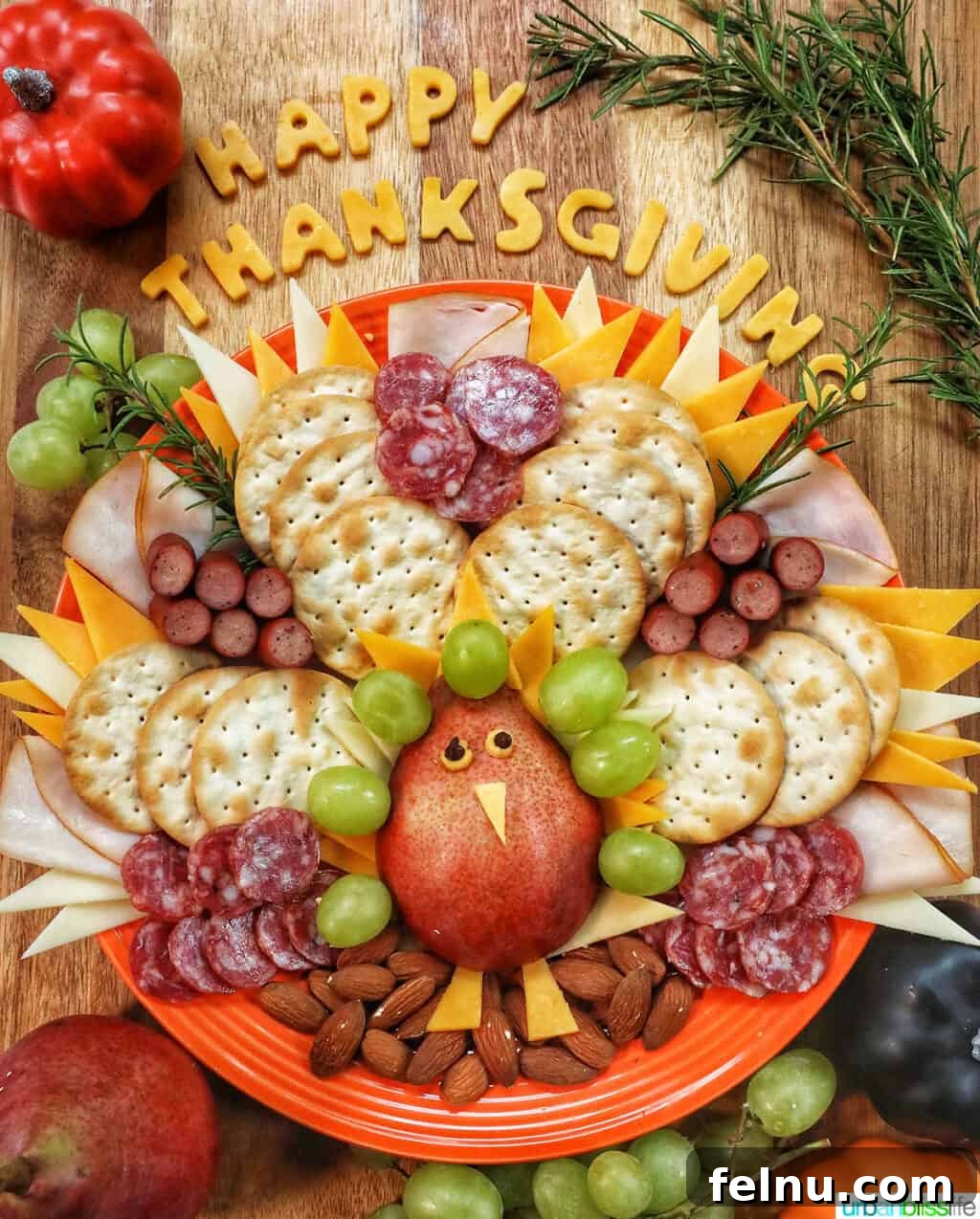 Gourmet Turkey Charcuterie Board 2 beautiful Thanksgiving turkey charcuterie board with cheese, meat, crackers, and fruit.