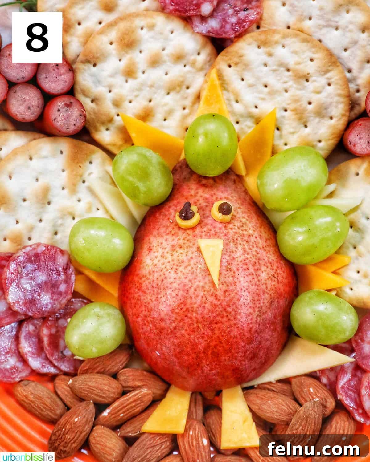 Gourmet Turkey Charcuterie Board 14 closeup of a fruit shaped to look like a turkey for thanksgiving.