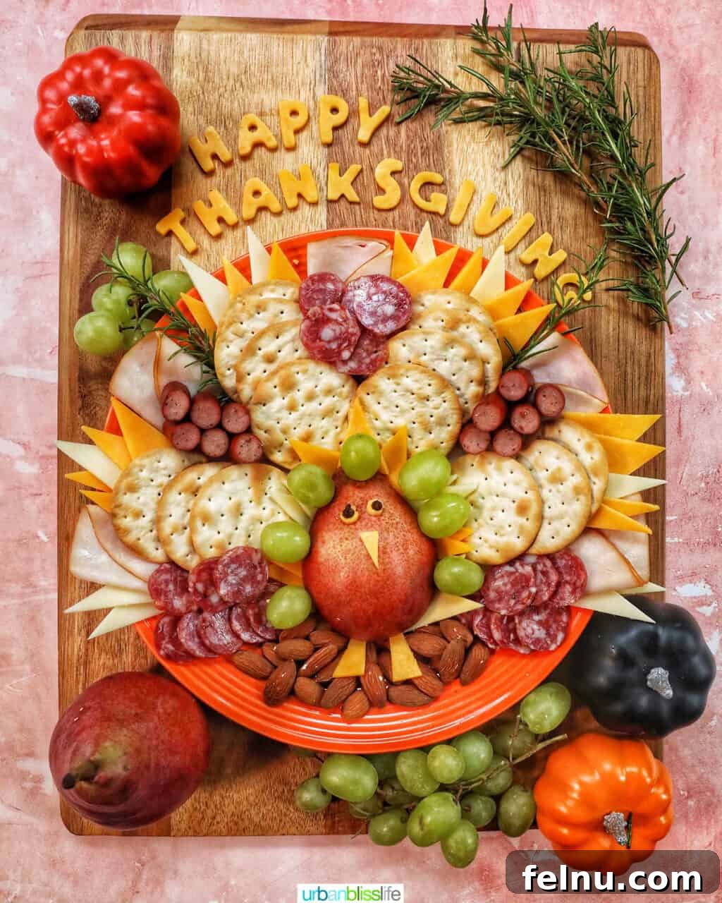beautiful Thanksgiving turkey charcuterie board with cheese, meat, crackers, and fruit.