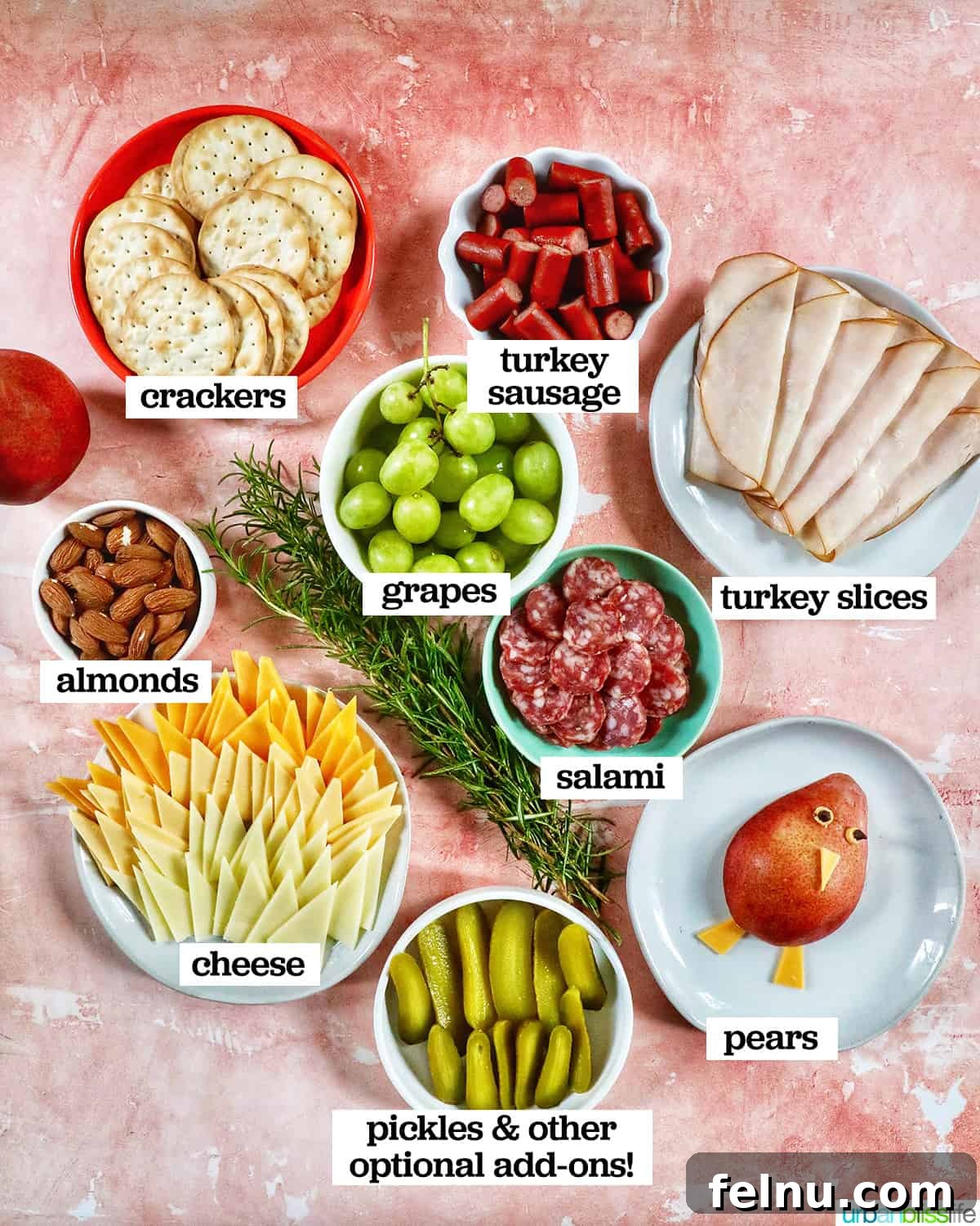 Gourmet Turkey Charcuterie Board 4 bowls of cheese, meats, fruits to make a turkey charcuterie board.