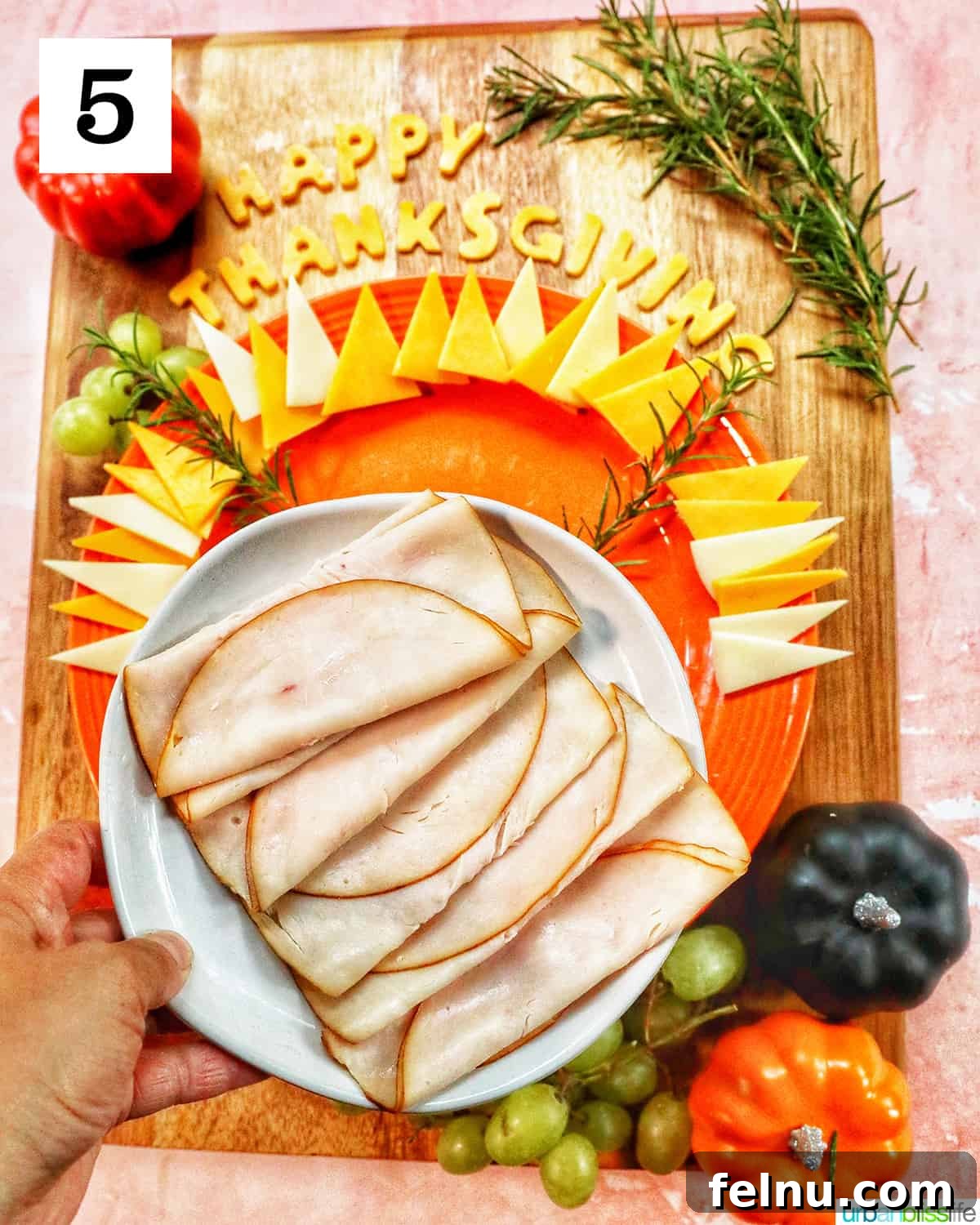 hand holding a plate of sliced turkey meat over a turkey charcuterie board.