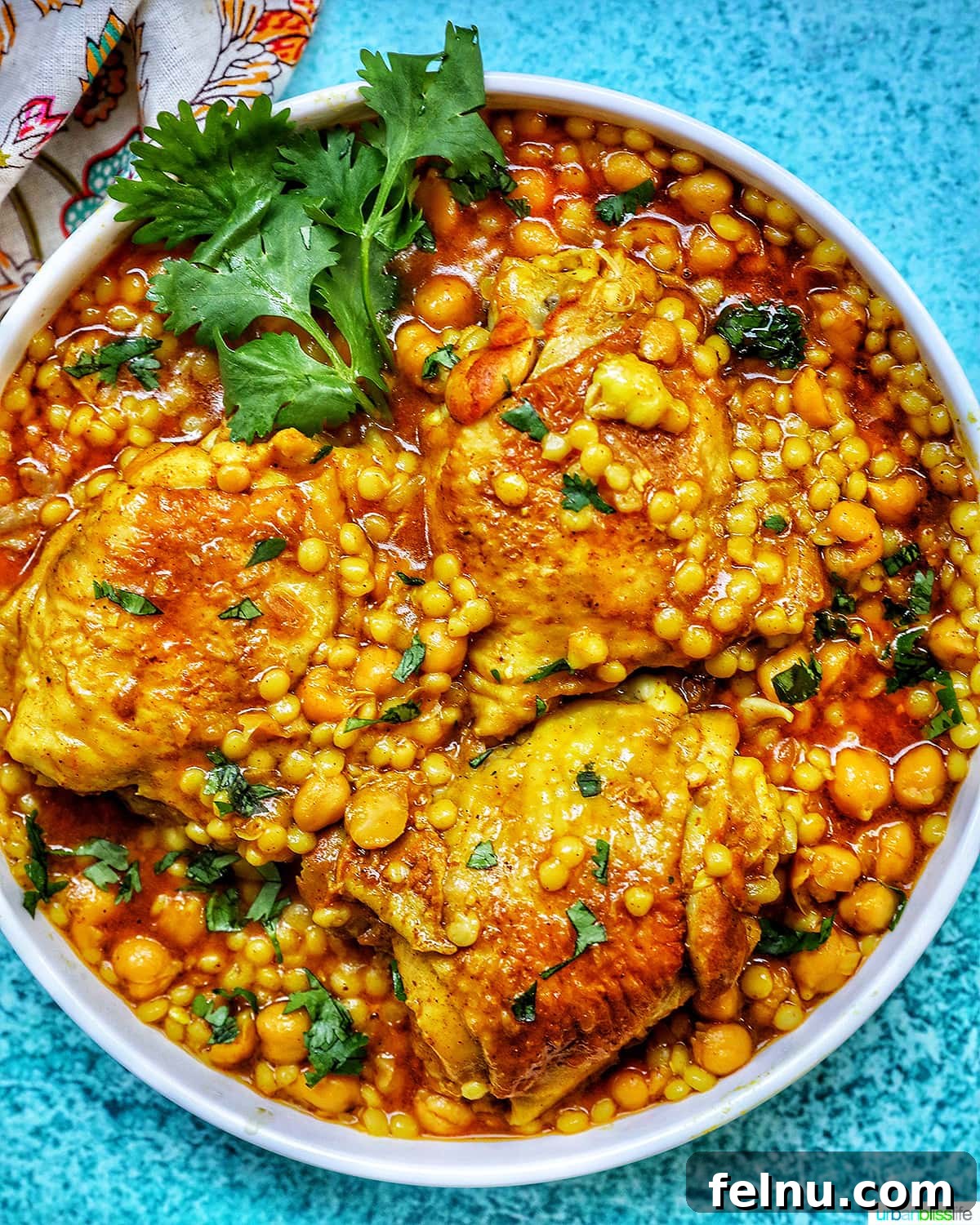 Ninja Foodi Chicken Delights 2 Instant Pot Moroccan Chicken in a large serving bowl with blue background