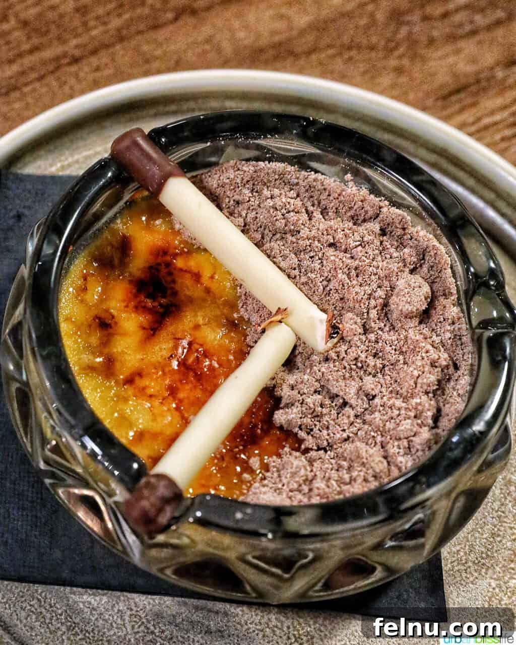Banff Unleashed 14 Creme brulee made to look like an ashtray at Brazen Banff restaurant, complete with chocolate 'cigarettes'.