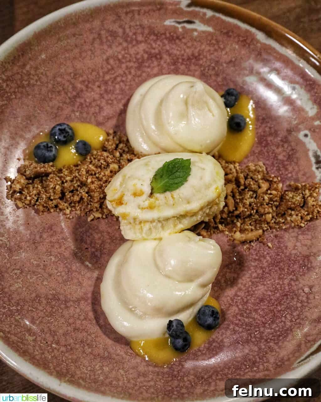 Banff Unleashed 15 Deconstructed cheesecake on a beige plate with blueberries, mango puree, and mint.