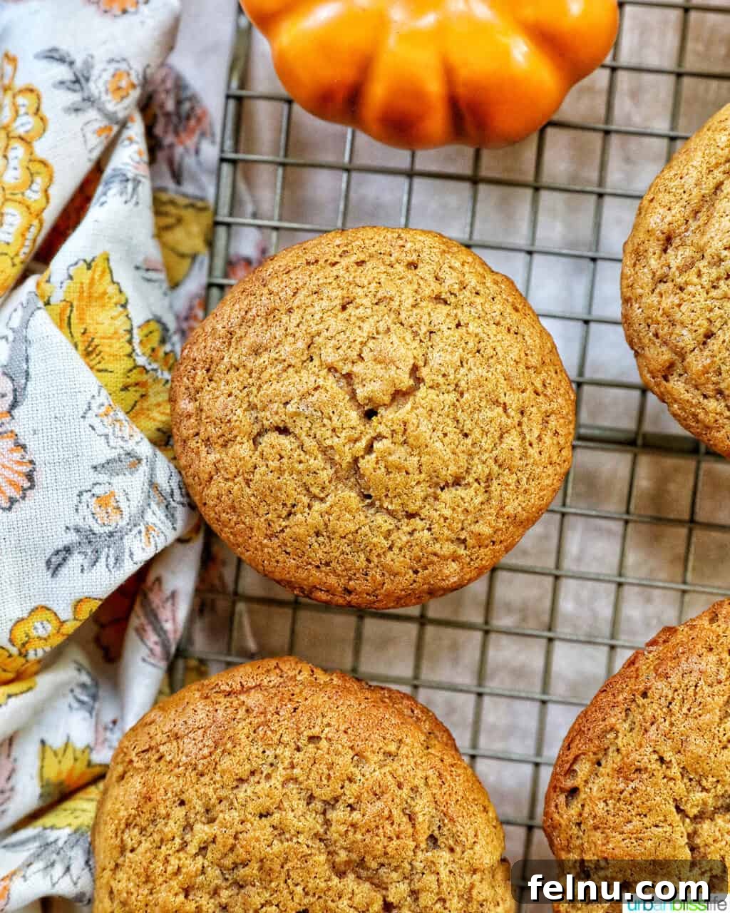 Pumpkin Banana Bliss Muffins 14 Closeup of a few pumpkin banana muffins on a cooling rack.