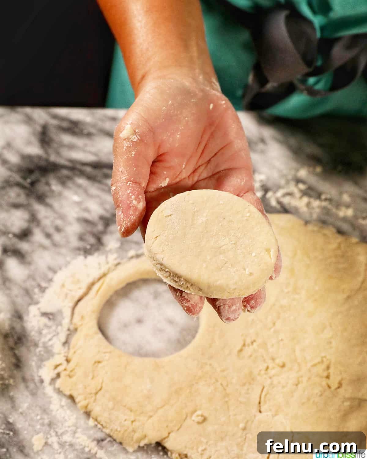 Fluffy Air Fryer Biscuits 11 biscuit dough circle in hand.