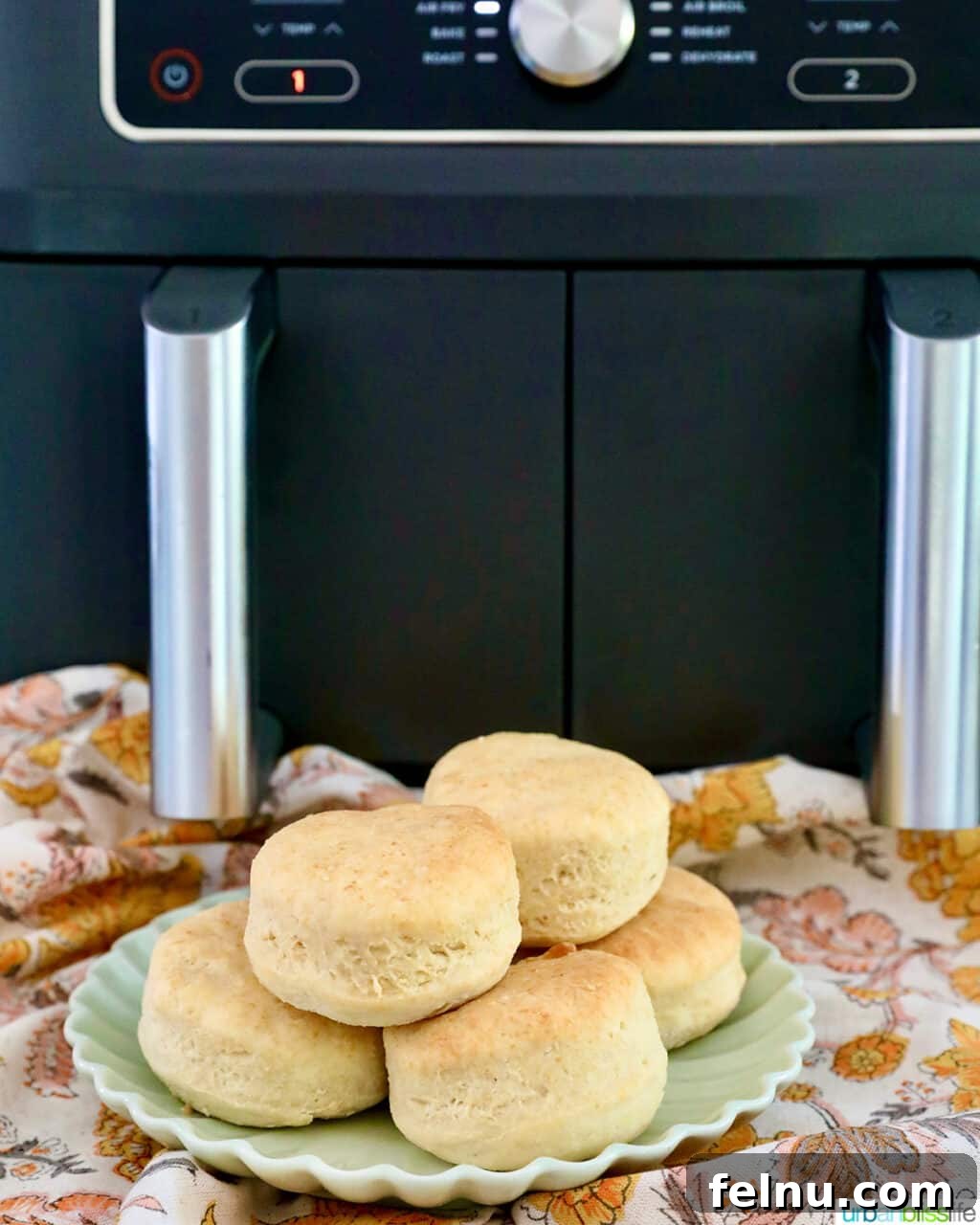 Fluffy Air Fryer Biscuits 17 air fryer biscuits stacked on a plate in front of a Ninja Foodi air fryer.