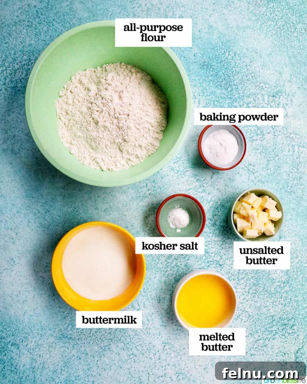 Fluffy Air Fryer Biscuits 4 bowls of ingredients to make air fryer biscuits.