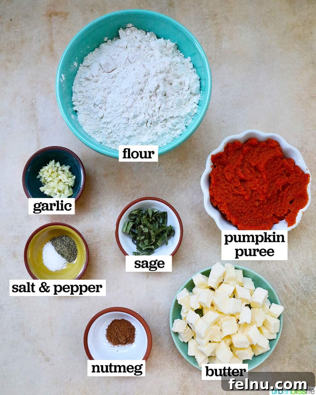 Several bowls arranged on a countertop, each containing a key ingredient for making pumpkin gnocchi, clearly labeled to guide the cooking process.