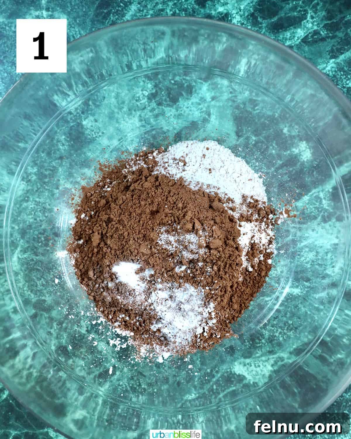 Reindeer Delight Cupcakes 5 Cocoa powder and dry ingredients in a mixing bowl