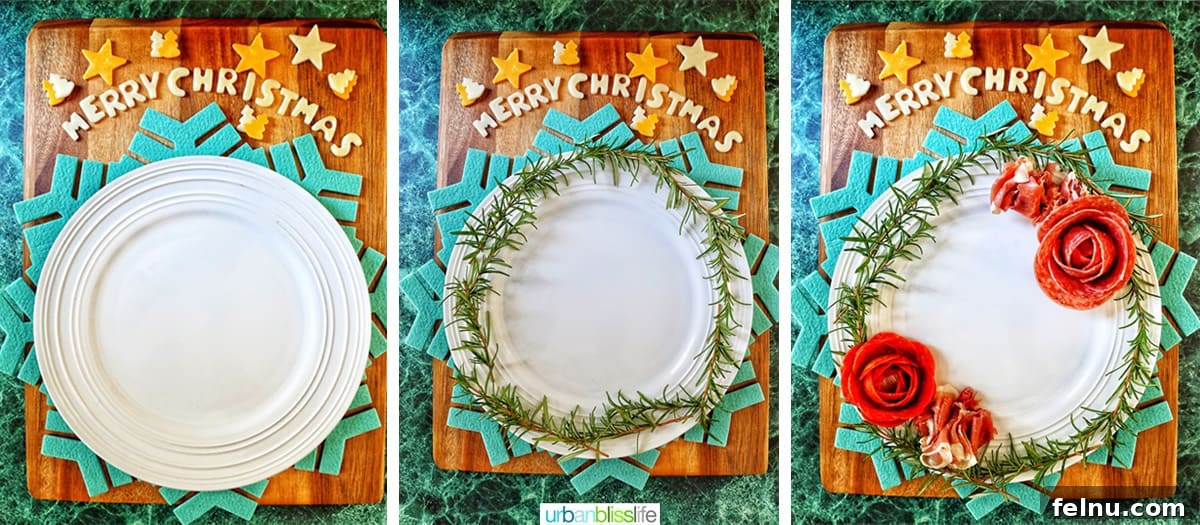 A Festive Christmas Snack Board 5 Photo collage showing steps 1-3 of assembling a Christmas charcuterie board, from laying out the board to placing the initial layers of rosemary and meats.