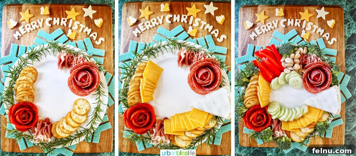 A Festive Christmas Snack Board 6 Photo collage illustrating steps 4-6 of making a Christmas charcuterie board, focusing on adding crackers, cheeses, and layering fruits and vegetables.