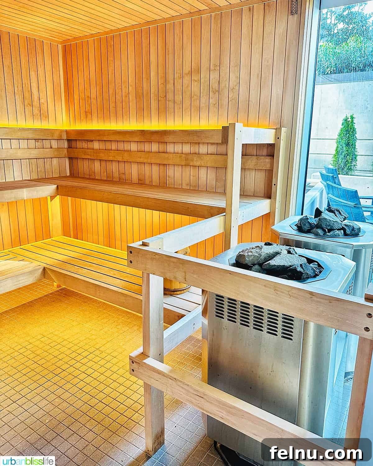 Interior shot of a serene sauna room at Ritual Nordic Spa, featuring warm wooden benches and soft lighting.