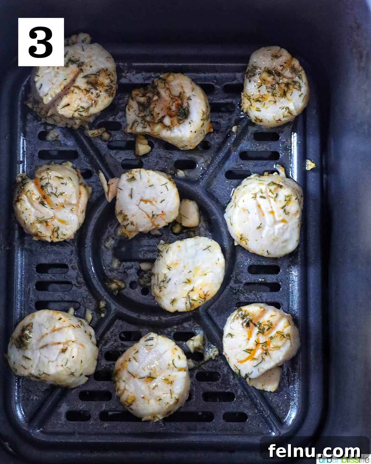 Golden Air Fryer Scallops 7 cooked scallops in an air fryer basket.