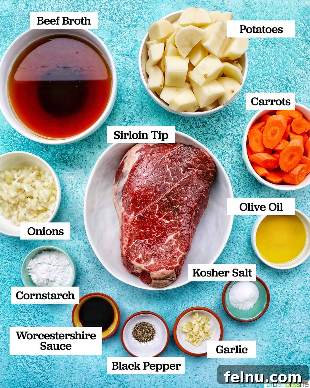 Tender Instant Pot Sirloin Tip Roast 4 bowls of ingredients to make Instant Pot SIrloin Beef Roast on a blue table.